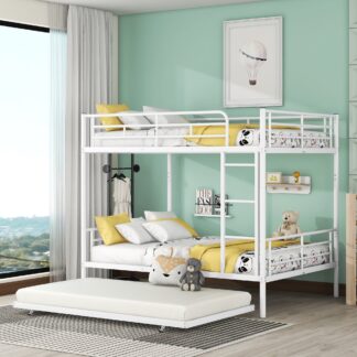 Kumix Bunk Bed with Trundle, Full over Full Bunk Bed with Full Length Guardrail and Ladder for Kids Teens, Metal Bunk Bed Can Convertible into 2 Beds, 2 in 1 Bunk Bed, Noise-Free, White