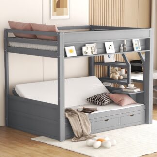 Kumix Full Size Bunk Bed, Wooden Bed with Storage Staircase, Fold-Down Bedside Table, 3 Drawers and Full-Length Guardrail for Kids Teens Adults, Convertible Bunk Bed for Bedoom, Noise-Free, Grey