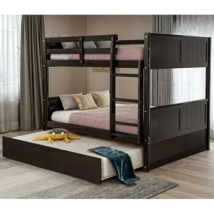 Kumix Bunk Bed with Trundle, Full over Full Bunk Bed for Kids Teens Adults with Full Length Guardrail and Ladder, Wood Bunk Bed Able to Split, Easy Assembly, 2 Bunk Bed in 1, Noise-Free, Espresso