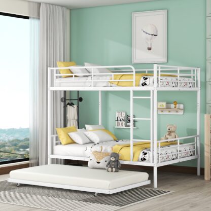 Kumix Bunk Bed with Trundle, Full over Full Bunk Bed with Full Length Guardrail and Ladder for Kids Teens, Metal Bunk Bed Can Convertible into 2 Beds, 2 in 1 Bunk Bed, Noise-Free, White