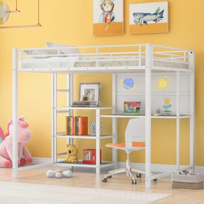 Kumix Loft Bed Full Size, Metal Loft Bed with Desk, 3 Shelves and Whiteboard for Kids, Teens, Space-Saving Loft Bed Frame with Full Length Guardrail and Ladder for Bedroom, Noise-Free, White