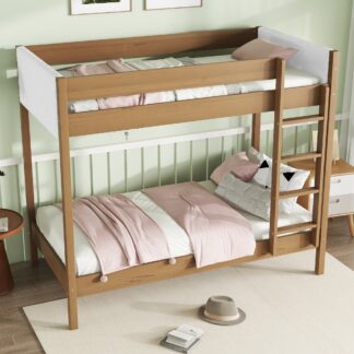 Kumix Twin over Twin Bunk Bed, Wood Bunk Bed with Full Length Guardrail, Teddy Fleece Fabric Headboard/Footboard and Build-in Ladder for Kids Teens Adults, Heavy Duty Bunk Bed for Bedroom, Natural