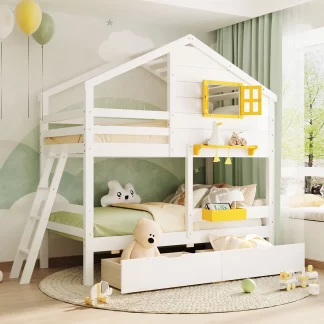 Kumix Twin over Twin Bunk Bed, Wood Bunk Bed with Drawers, Storage Box and Shelf for Kids Teens Adults, Space-Saving Bunk Bed Frame with Safety Guardrail and Ladder, 2 in 1 Bunk Bed, White