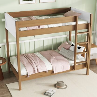 Kumix Twin over Twin Bunk Bed, Wood Bunk Bed with Full Length Guardrail, Teddy Fleece Fabric Headboard/Footboard and Build-in Ladder for Kids Teens Adults, Heavy Duty Bunk Bed for Bedroom, Natural