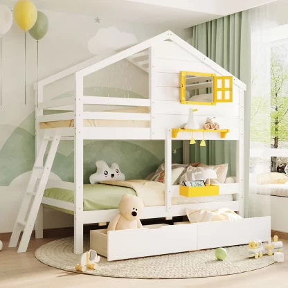Kumix Twin over Twin Bunk Bed, Wood Bunk Bed with Drawers, Storage Box and Shelf for Kids Teens Adults, Space-Saving Bunk Bed Frame with Safety Guardrail and Ladder, 2 in 1 Bunk Bed, White