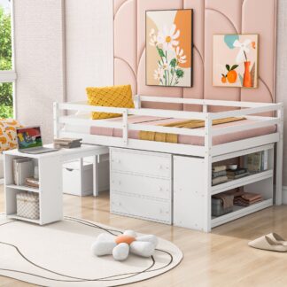 Kumix Loft Bed Full Size, Wood Loft Bed with Desk and 3 Drawers for Kids Teens Adults, Loft Bed Frame with Storage Stairs and Shelves for Bedroom, Space-Saving, Noise-Free, Easy Assembly, White