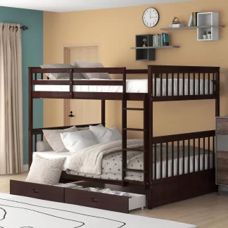 Kumix Bunk Bed with Drawers, Full over Full Bunk Bed with Full Length Guardrail and Build-in Ladder for Kids Teens Adults, Wood Bunk Bed Able to Split, 2 in 1 Bunk Beds, Noise-Free, Espresso