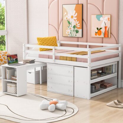Kumix Loft Bed Full Size, Wood Loft Bed with Desk and 3 Drawers for Kids Teens Adults, Loft Bed Frame with Storage Stairs and Shelves for Bedroom, Space-Saving, Noise-Free, Easy Assembly, White