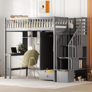 Kumix Loft Bed Twin Size with Desk, Wood Loft Bed with Bookshelf, Drawers, Storage Staircase Full Length Guardrail and Wardrobe, Heavy Duty Loft Bed for Kids Teens Adults, Space-Saving, Gray