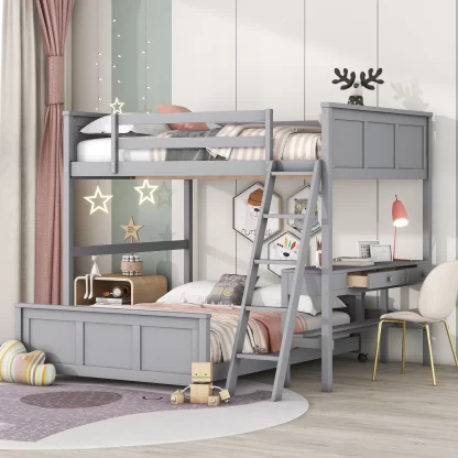 Kumix Bunk Bed with Desk, Full over Full Bunk Bed with Drawers, Full Length Guardrail and Inclined Ladder for Kids, Teens, Adults, Wood Bunk Bed Frame for Bedroom, Noise-Free, Grey