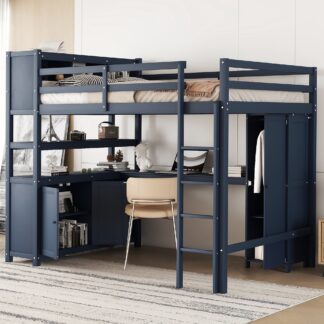 Kumix Loft Bed Full Size, Wood Loft Bed with Cabinet and Bookshelf, Wardrobe and Desk for Kids Teens Adults, Heavy Duty Loft Bed with Guardrail and Ladder for Bedroom, Noise-Free, Dark Blue