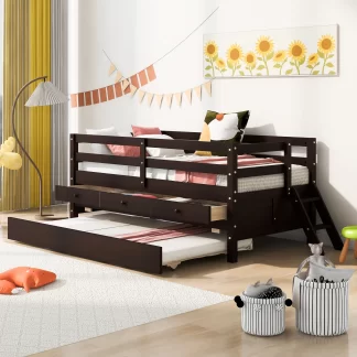 Kumix Twin Size Loft Bed with Trundle, Low Loft Bed with Full Safety Fence, Climbing ladder, Storage Drawers for Kids Teens Adults, Solid Wood Loft Bed for Bedroom, Dorm, Space-Saving, Gray
