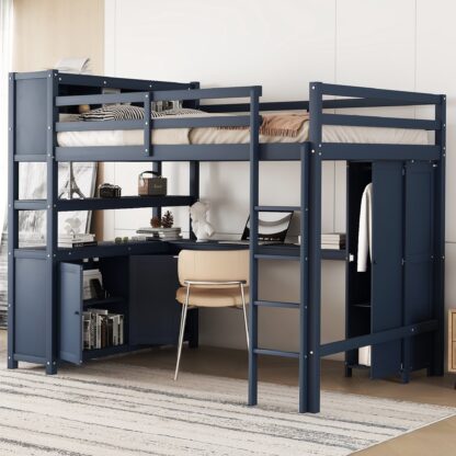 Kumix Loft Bed Full Size, Wood Loft Bed with Cabinet and Bookshelf, Wardrobe and Desk for Kids Teens Adults, Heavy Duty Loft Bed with Guardrail and Ladder for Bedroom, Noise-Free, Dark Blue