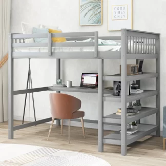 Kumix Loft Bed Full Size for Kids, Wood Loft Bed with Storage Shelves and Under-bed Desk, Full Length Guardrail and Ladder for Teens Adults, Heavy Duty Loft Bed Frame for Bedroom, Noise-Free, Gray
