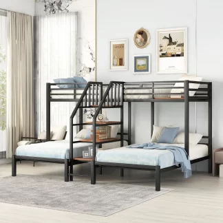 Kumix Triple Bunk Bed, Metal Twin over Twin and Twin Bunk Bed with Storage Stairs, Full-Length Guardrail, 3 Beds in 1 Bunk Beds for 3 Kids Teens, Noise Free, No Box Spring Needed, Black