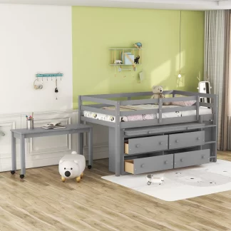 Kumix Twin Size Loft Bed with Retractable Writing Desk, Wood Loft Bed for Kids Teens Adults with 4 Drawers, Retractable Writing Desk and Shelves, Multi-Function Loft Bed for Bedroom, Gray