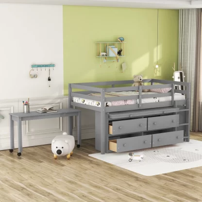 Kumix Twin Size Loft Bed with Retractable Writing Desk, Wood Loft Bed for Kids Teens Adults with 4 Drawers, Retractable Writing Desk and Shelves, Multi-Function Loft Bed for Bedroom, Gray