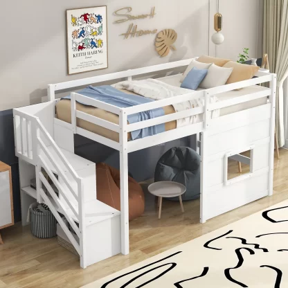 Kumix Loft Bed Twin Size for Kids, Wood Loft Bed with Storage Staircase and Window, Full Length Guardrail for Teens Adults, Space-Saving Loft Bed for Bedroom, Noise-Free, Easy Assembly, White