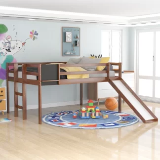 Kumix Loft Bed Twin Size with Slide, Wood Loft Bed with Blackboard, Full Length Guardrail and Ladder for Kids Teens Boys/Girls, Loft Bed Frame for Bedroom, Space-Saving, Noise-Free, Walnut