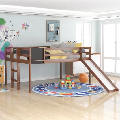 Kumix Loft Bed Twin Size with Slide, Wood Loft Bed with Blackboard, Full Length Guardrail and Ladder for Kids Teens Boys/Girls, Loft Bed Frame for Bedroom, Space-Saving, Noise-Free, Walnut