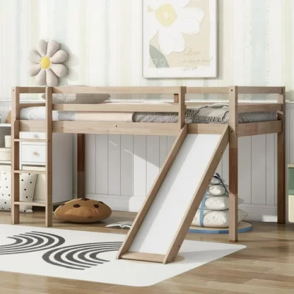 Kumix Loft Bed with Slide, Twin Size Loft Bed with Full Length Guardrail and Build-in Ladder for Kids Teens, Boys/Girls, Wood Loft Bed for Bedroom, Dorm, Noise-Free, No Box Spring Needed, Natural