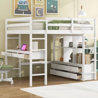Kumix Loft Bed Full Size with Desk, Wood Loft Bed with Drawers, Full Length Guardrail, Ladder and Storage Shelves for Kids Teens Adults, Heavy Duty Loft Bed for Bedroom, Space-Saving, White