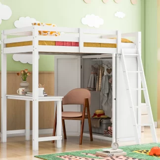 Kumix Loft Bed Twin Size, Wood Loft Bed with Wardrobe and Desk, Full Length Guardrail, Ladder for Kids Teens Adults, Heavy Duty Loft Bed Frame for Bedroom, Space-Saving, Noise-Free, White