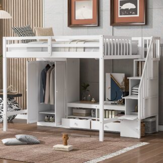 Kumix Loft Bed Full Size, Wood Loft Bed with Wardrobe, Low Storage Desk and Storage Staircase for Kids Teens Adults, Heavy Duty Loft Bed Frame with Safety Guardrail and Ladder for Bedroom, White
