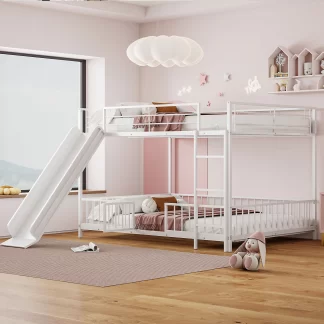 Kumix Metal Bunk Bed with Slide, Full over Full Bunk Bed for Kids Teens with Full Length Guardrail and Ladder, Low Bunk Bed for Bedroom, Dom, Noise-Free, No Box Spring Needed, White