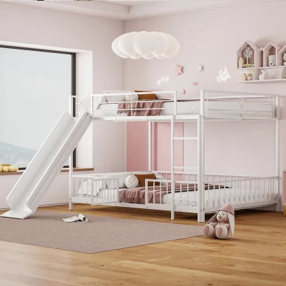Kumix Metal Bunk Bed with Slide, Full over Full Bunk Bed for Kids Teens with Full Length Guardrail and Ladder, Low Bunk Bed for Bedroom, Dom, Noise-Free, No Box Spring Needed, White