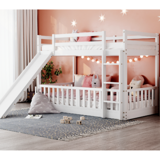 Kumix Twin over Twin Bunk Bed with Slide, Wood Bunk Bed for Kids Teens with Full Length Guardrail, House Bunk Bed Frame for Bedroom, Dom, Noise-Free, No Box Spring Needed, White