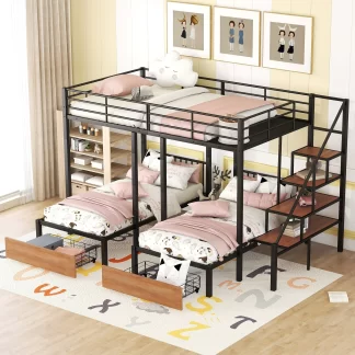 Kumix Triple Bunk Bed, Full over Twin and Twin Bunk Bed with Drawers, Safety Guardrail and Staircase for Kids Teens, Metal Bunk Bed Can Convertible into 3 Beds, Space Saving, Noise Free, Black