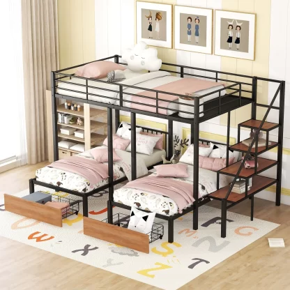 Kumix Triple Bunk Bed, Full over Twin and Twin Bunk Bed with Drawers, Safety Guardrail and Staircase for Kids Teens, Metal Bunk Bed Can Convertible into 3 Beds, Space Saving, Noise Free, Black