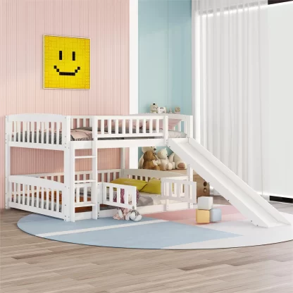Kumix Wood Bunk Bed with Slide, Full over Full Bunk Bed with Fence, Full Length Guardrail and Ladder for Kids Teens, Low Bunk Bed for Bedroom, Noise-Free, No Box Spring Needed, White