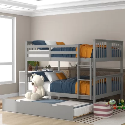 Kumix Bunk Bed with Trundle, Full over Full Bunk Bed for Kids Teens Guests with Full Length Guardrail and Ladder, Wood Bunk Bed Able to Split, Easy Assembly, 2 Bunk Bed in 1, Noise-Free, Gray