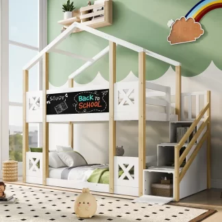 Kumix Twin over Twin Bunk Bed, House Bunk Bed with Storage Staircase and Blackboards for Kids Teens Boys/Girls, Wood Low Bunk Beds for Bedroom, Noise-Free, No Box Spring Needed, White