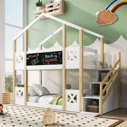 Kumix Twin over Twin Bunk Bed, House Bunk Bed with Storage Staircase and Blackboards for Kids Teens Boys/Girls, Wood Low Bunk Beds for Bedroom, Noise-Free, No Box Spring Needed, White
