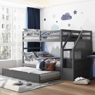 Kumix Bunk Bed with Trundle, Twin over Twin Bunk Bed with Full Length Guardrail and Storage Staircase for Kids Teens Adults, Wood Bunk Bed for Bedroom, Twin Size Trundle, Noise-Free, Gray