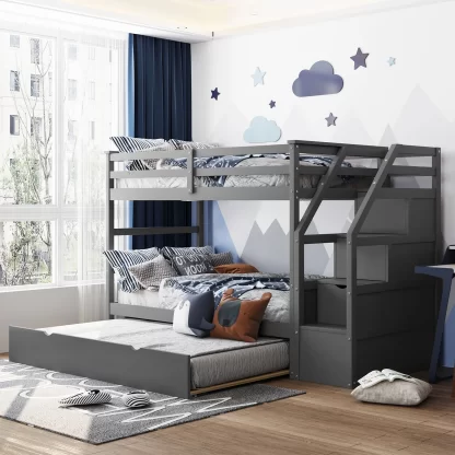Kumix Bunk Bed with Trundle, Twin over Twin Bunk Bed with Full Length Guardrail and Storage Staircase for Kids Teens Adults, Wood Bunk Bed for Bedroom, Twin Size Trundle, Noise-Free, Gray