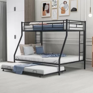 Kumix Bunk Bed with Trundle, Metal Twin over Full Bunk Bed for Kids Teens Adults with Full Length Guardrail and Two-Side Ladders, Heavy Duty Bunk Bed for Bedroom, Dom, Noise-Free, Black