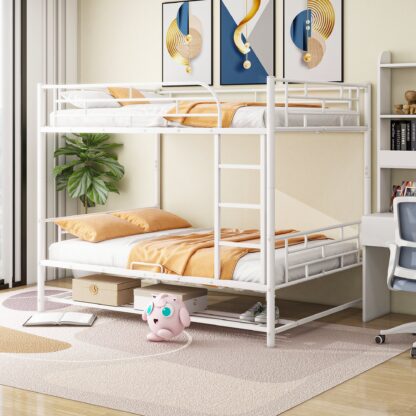 Kumix Bunk Bed Full over Full, Metal Bunk Bed with Shelf, Ladder and Full-Length Guardrails for Kids Teens, Heavy Duty Bunk Bed Frame for Bedroom, Dom, Noise-Free, Separate into 2 Full Beds, White
