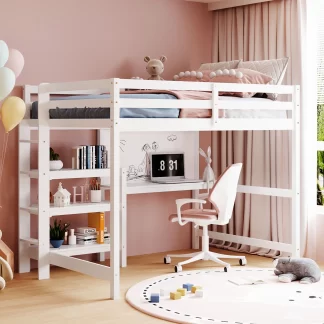 Kumix Loft Bed Full Size with Desk, Wood Loft Bed with Writing Board, Shelves Full Length Guardrail, Ladder for Kids Teens Adults, Heavy Duty Loft Bed Frame for Bedroom, Noise-Free, White