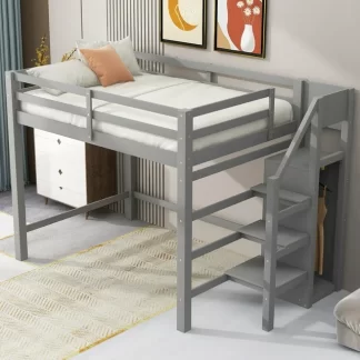 Kumix Loft Bed Full Size, Wood Loft Bed with Built-in Storage Wardrobe, Full Length Guardrail and Staircase for Kids Teens, Heavy Duty Loft Bed Frame for Bedroom, Dorm, Space-Saving, Gray