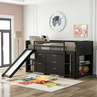 Kumix Loft Bed Twin Size with Slide for Kids, Low Loft Bed with Cabinets, Drawers, Shelves for Teens Adults, Wood Loft Bed with Safety Guardrail and Ladder for Bedroom, Espresso