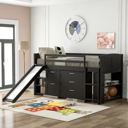 Kumix Loft Bed Twin Size with Slide for Kids, Low Loft Bed with Cabinets, Drawers, Shelves for Teens Adults, Wood Loft Bed with Safety Guardrail and Ladder for Bedroom, Espresso