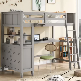 Kumix Loft Bed Twin Size, Wood Loft Bed with Drawers and Desk, Shelves, Full Length Guardrail, Ladder for Kids Teens Adults, Heavy Duty Loft Bed Frame for Bedroom, Space-Saving, Gray