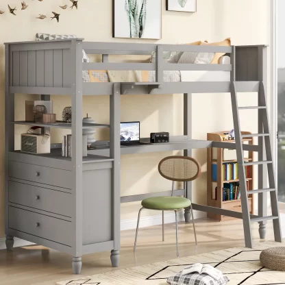Kumix Loft Bed Twin Size, Wood Loft Bed with Drawers and Desk, Shelves, Full Length Guardrail, Ladder for Kids Teens Adults, Heavy Duty Loft Bed Frame for Bedroom, Space-Saving, Gray