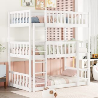 Kumix Wood Triple Bunk Bed, Twin over Twin over Twin Bunk Bed with Guardrails, 2 Built-in Ladders for Kids Teens Adults, Detachable Triple Twin Bunk Bed, 3 in 1 Bunk Bed, Easy Assembly, White