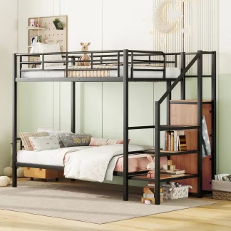 Kumix Twin over Twin Bunk Bed, Metal Bunk Bed with Storage Staircase and Wardrobe for Kids Teens, Adults, Multifunctional Bunk Bed with Ladder and Guardrails, Space-Saving, Noise-Free, Black