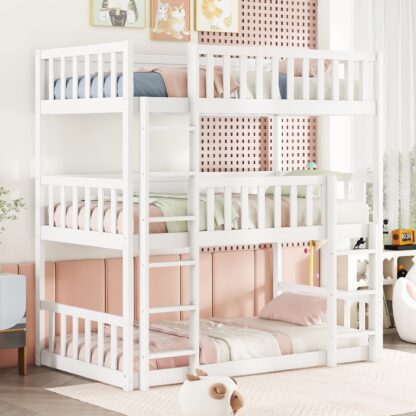 Kumix Wood Triple Bunk Bed, Twin over Twin over Twin Bunk Bed with Guardrails, 2 Built-in Ladders for Kids Teens Adults, Detachable Triple Twin Bunk Bed, 3 in 1 Bunk Bed, Easy Assembly, White